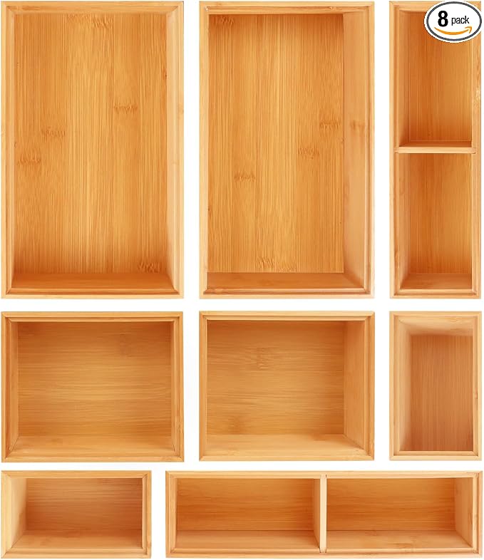Bamboo Drawer Organizer Set, 8 PCS Multi-Use Wood Drawer Storage Boxes, Junk Drawer Organizer Divider Bins for Kitchen, Bathroom, Office Desk, Makeup, Jewelry, Utensils by Bxngjuj