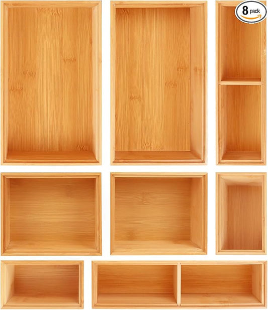 Bamboo Drawer Organizer Set, 8 PCS Multi-Use Wood Drawer Storage Boxes, Junk Drawer Organizer Divider Bins for Kitchen, Bathroom, Office Desk, Makeup, Jewelry, Utensils by Bxngjuj