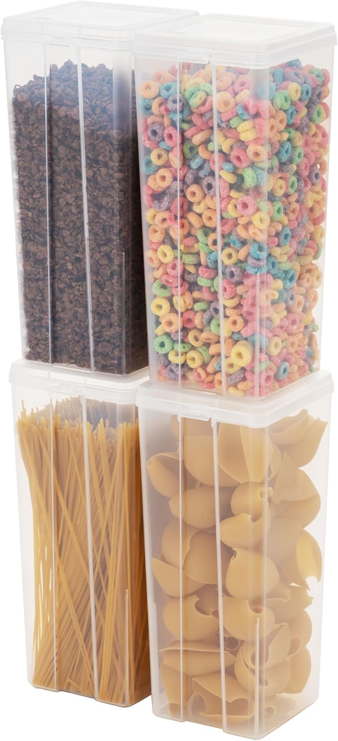 IRIS USA Food Storage Containers Set, 3.9 Qt - 4 Pack, Food Grade Plastic | Tall Storage for Pasta, Spaghetti, Noodle, BPA-Free, Clear View, Flip Top Lid, Stackable by IRISUSA