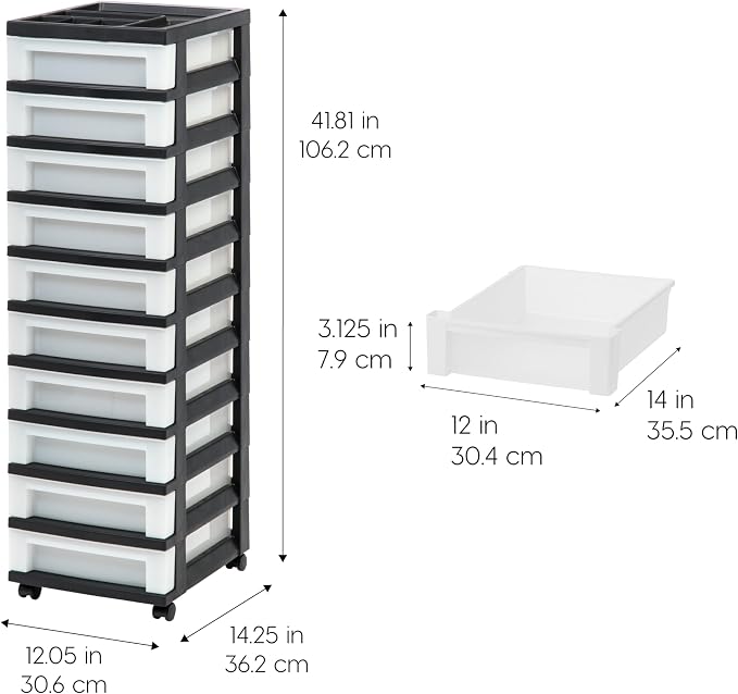 IRIS USA 10-Drawer Rolling Storage Cart, Black/Pearl | Keep craft supplies, office essentials, classroom items, and accessories organized with easy-access drawers for daily use - Image 3