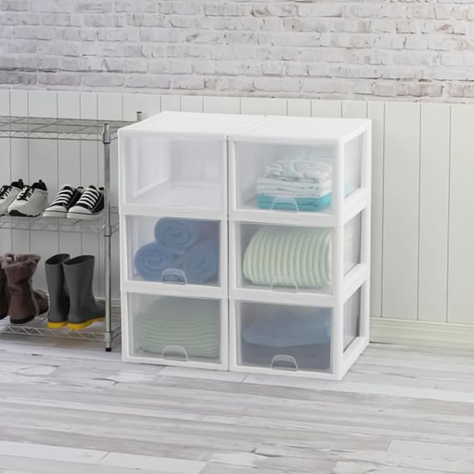 Sterilite Stackable Drawer Organizers 27 Quart, 4-Pack and 16 Quart, 6-Pack | White Frame - Large Plastic Storage Drawers for Closet, Dresser, Cabinet, Bedroom, Pantry, and Bathroom Organization - Image 5