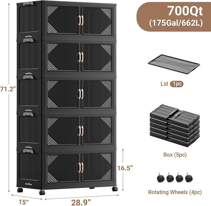 BROVIEW V60 700QT Plastic Stackable Storage Bins with Lid, 5Pack Black | 175Gal Extra Large Closet Organizers Collapsible Cabinets Boxes With Drawer, Foldable Container with 4x Wheels for Home - Image 2