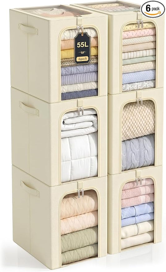 GoMaihe Blanket Storage Bins with Metal Frame for Closet, 55L 6-Pack Beige | Winter Coat Clothing Comforters Bedding, Closet Top Shelf Organizer, Collapse-Proof Stackable, Clear Window Dual Access by GoMaihe