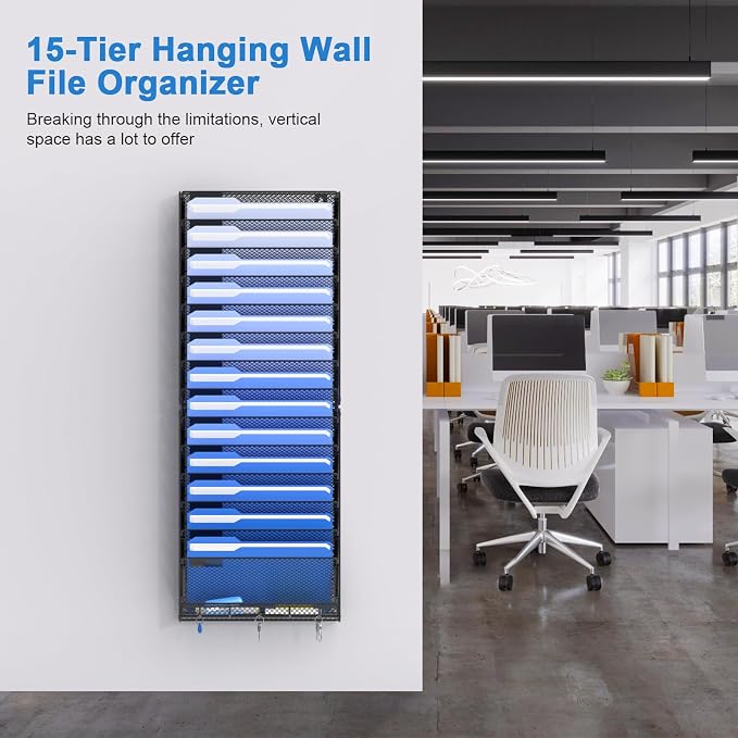 OUTWOLF 15 Tier Wall File Organizer with Hooks, Hanging Wall File Holder Wall Mount Paper Folder Organizer for Office, Magazine Rack - Image 2