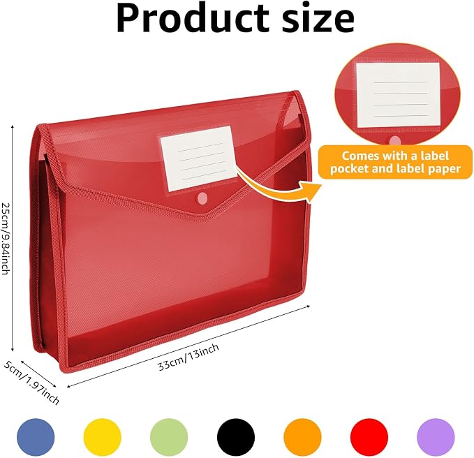 28 Pack Plastic Expanding File Folder with Pocket Label Colorful File Pouch | Clear Expandable Folder Organizer Snap Closure Large Capacity No Divider For A4 Size Letter ,Documents Home School & Office - Image 2