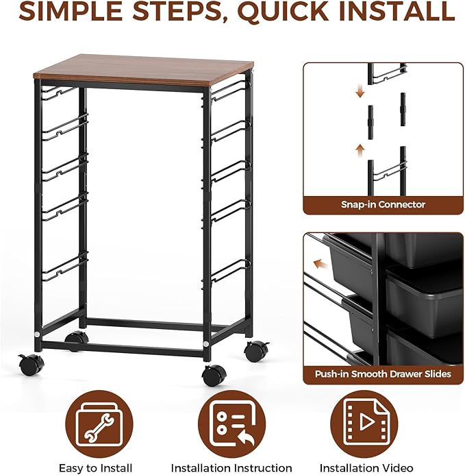SYKIARIOL 5-Tier Rolling Cart with Drawers with Wooden Top, Black | Mobile Craft Storage Drawer Cart Trolley for Home Office, Classroom, Craft Room & Kid Room - Image 7