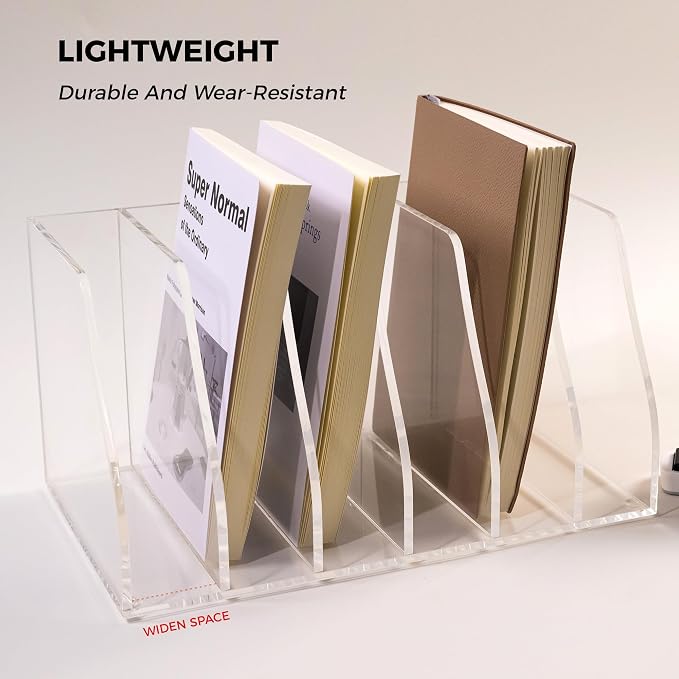 Acrylic Magazine File Holder, 6 Vertical Compartments Desk Document Sorter Organizer, Clear Folder Rack Binder for Office/Home/Classroom, for Documents, Tablet, Magazines, Books & Accessories - Image 5
