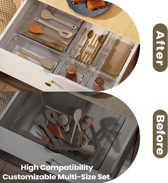 Clear Plastic Drawer Organizer Set with 15 Inch Extra Long Bins, 4 Sizes Large Acrylic Organizers for Kitchen Utensils, Bathroom Trays and Makeup Storage - Image 6