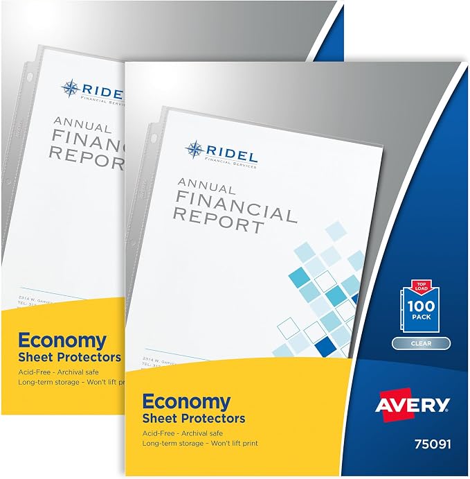 Avery Economy Weight Sheet Protectors, Acid Free, 8.5" x 11", 100 per Pack, 200 Clear Document Protectors Total (2-Pack of 75091) by Avery