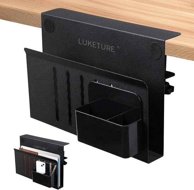 LUKETURE Desk Side Storage Laptop Holder No Drill Clamp On Organizer | Steel Side Desk Organizer, Clamp on Laptop Mount with Pen Holder, Hanging Storage for Home Office, Fits 0.3" to 2.8" by LUKETURE