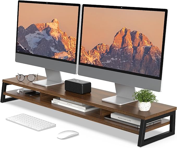 Fenge Dual Monitor Riser for Desk, Open Shelf with 3 Storage Compartments | 42.5in Computer Monitor Stand, 2-Tier Desk Shelf for Top of Desk,One-Piece Panel, fit Ultrawide Monitor, PC, Laptop, Brown by Fenge