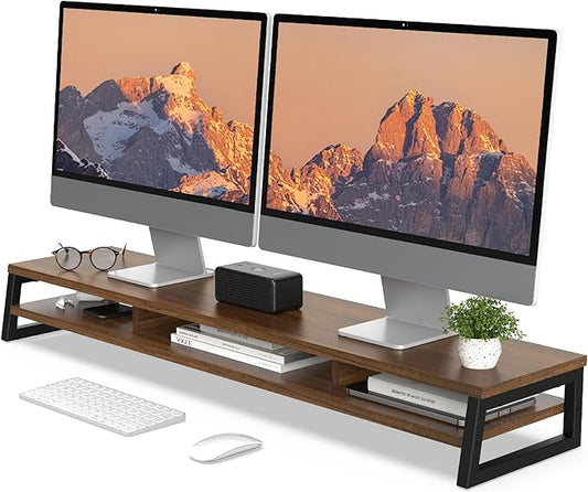 Fenge Dual Monitor Riser for Desk, Open Shelf with 3 Storage Compartments | 42.5in Computer Monitor Stand, 2-Tier Desk Shelf for Top of Desk,One-Piece Panel, fit Ultrawide Monitor, PC, Laptop, Brown by Fenge