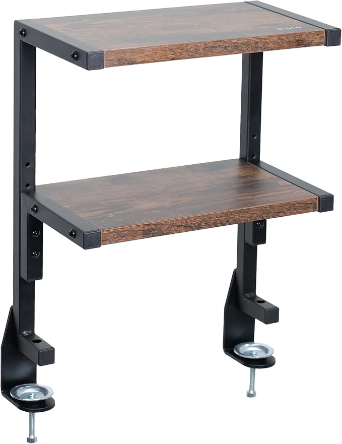VIVO Vintage Brown Clamp-on 13 inch 2-Tier Desk Shelf, STAND-SHELF2C-N | Above or Below Desk, Rustic 2 Level Shelving Unit for Table Accessories Gaming Devices & More, Storage Tray Desktop Organizer by Unknown