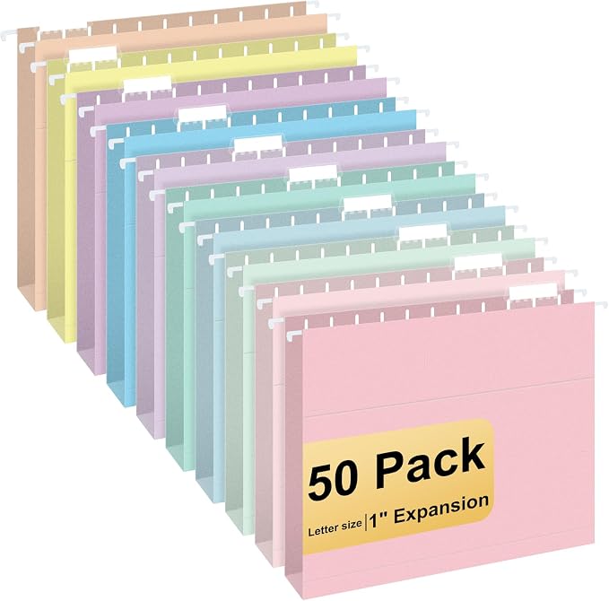 Hanging File Folders, 50 Pack Letter Size Hanging File folders with 1/5-cut Tabs, Stay Organized for Your Home and Office Bulk File, Documents and Paper, Macaron 10 Colors by YOPCDJ