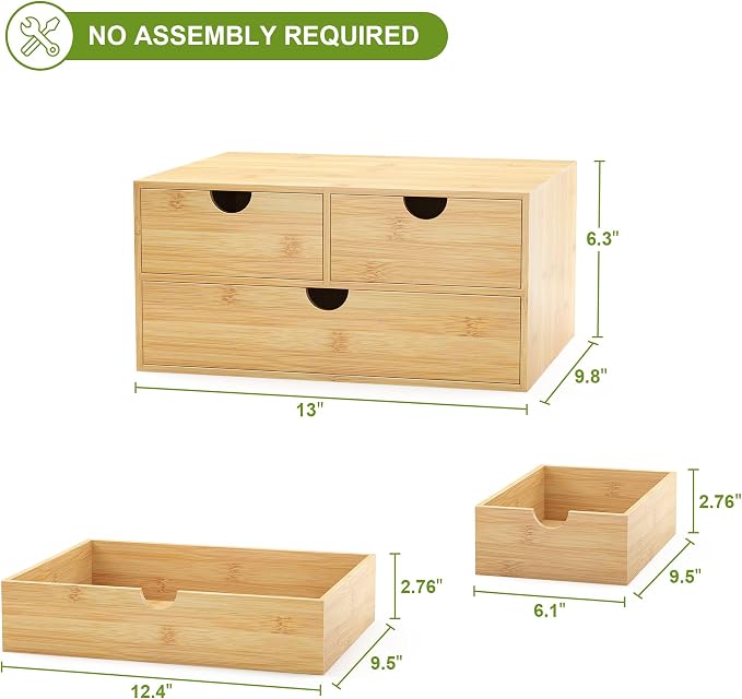 Bamboo Desk Drawer Organizer, Large Desktop Organizer with Drawers Tabletop Storage Organization Box for Office Home Toiletries Supplies Vanity, No Assembly Required (L-3 Drawers) - Image 3