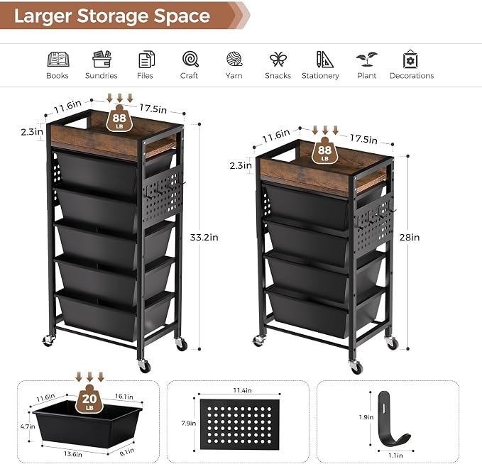 5 Tier Rolling Cart with Drawers, Plastic Drawer Storage Craft Cart with Pegboards & Hooks, Metal Utility Cart with Wheels & Wooden Tabletop, Classroom Office Art Supply Organizers and Storage, Black - Image 3
