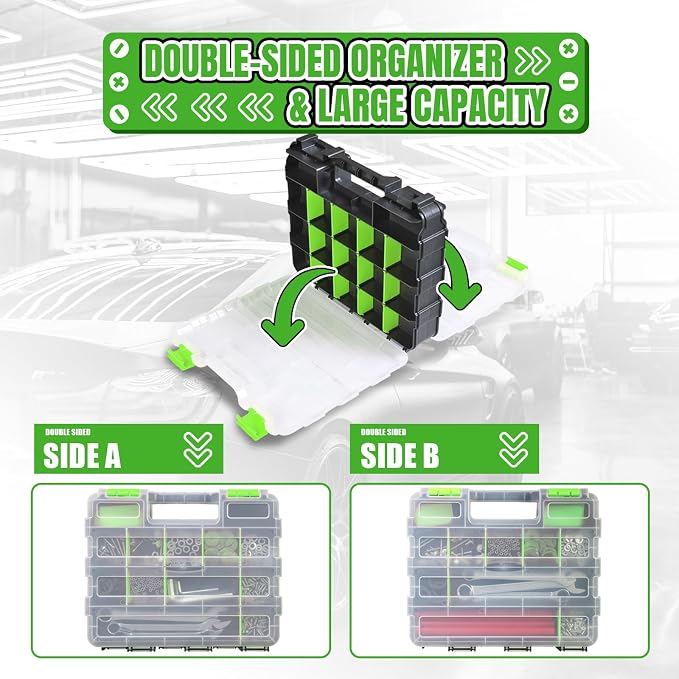 Jack Boss Tool Box with Transparent Lid, Double Side 34-Compartments Organizer Box with Removable Dividers for Hardware, Screws, Bolts, Nails, Beads, Jewelry and Fishing Accessories, Green, 2 Pack - Image 6