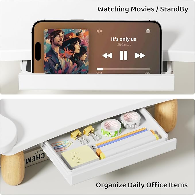 AFOOYO Dual Monitor Riser, Cookie-Shaped Adjustable Length & Swivel Angle, Wooden Desktop Organizer for 2 Monitors,Monitor Stand with Drawer for Laptop, PC, Computer, Printer,White - Image 5