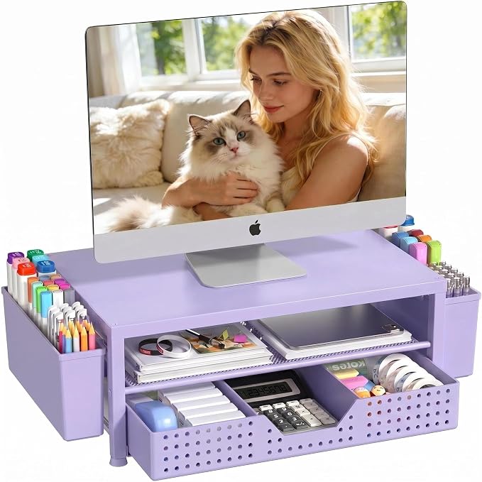 Desk Organizers and Accessories, Computer Monitor Stand Riser with Drawer and 2 Pen Holders, Printer & Laptop Stand, Office Desk Accessories & Workspace Organizers for Home Office Supplies, Purple by OPNICE
