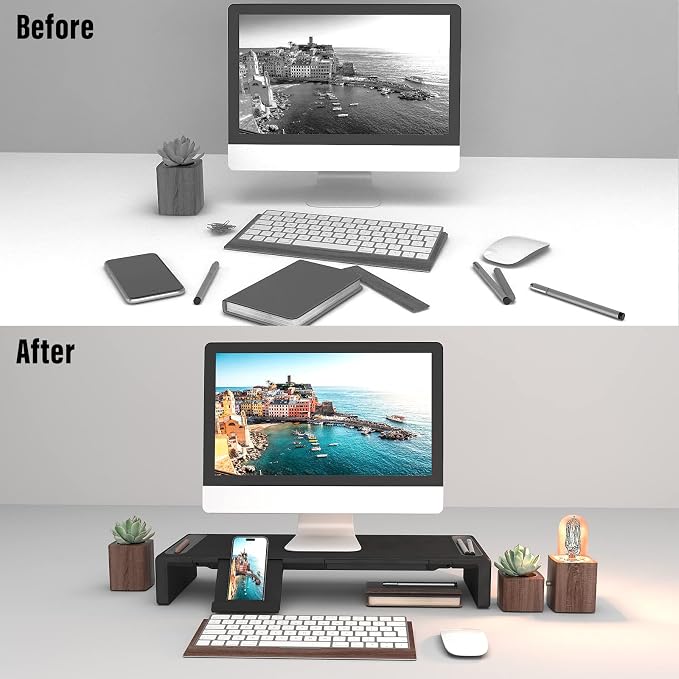 Adjustable Monitor Stand Riser with Drawer - Foldable Computer Stand for Desk, Desktop Organizer with Phone Holder & Pen Slot, Space Saving Laptop Riser for Home Office, Black - Image 7