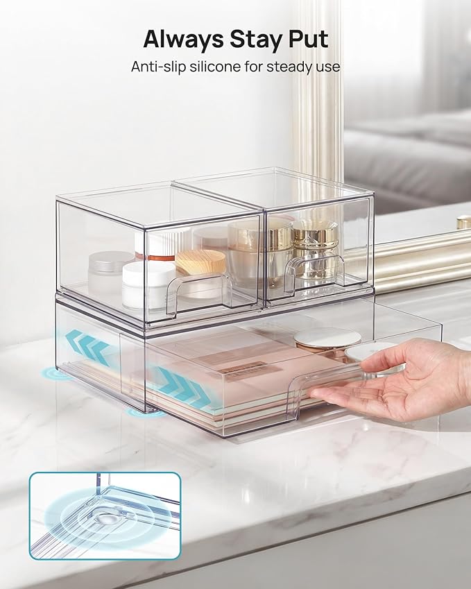 Vtopmart Stackable Storage Drawers Set of 3,Clear Plastic Organizer Bins for Makeup, Cosmetics, Beauty Supplies,Ideal for Vanity, Bathroom,Cabinet,Pantry Organization - Image 7