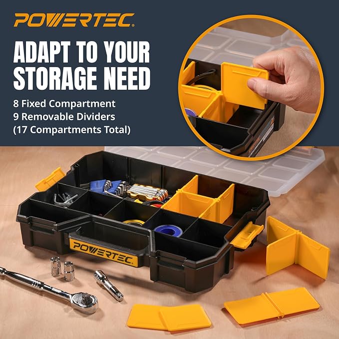 POWERTEC Stackable Tool Box Organizer with Removable Dividers - 17 Compartments, Interlocking, Portable Design (72118) - Image 3