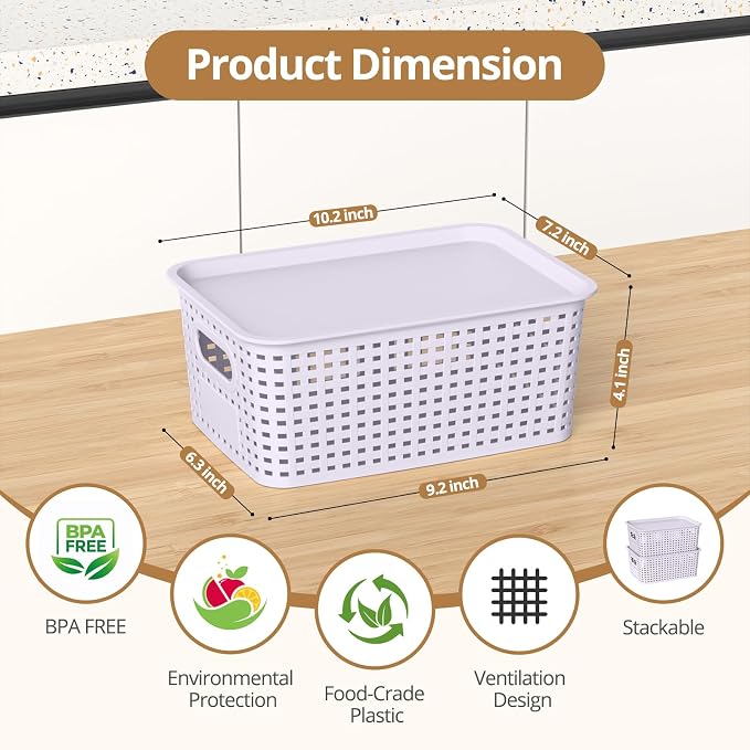 Plastic Storage Basket with Lid, Stackable Small Box Bins for Organizing and Containers for Shelves Drawers Desktop Closet Playroom Pantry Classroom Office Home, 8 Pack 10.2"x7.2"x4.1" Lavender - Image 2