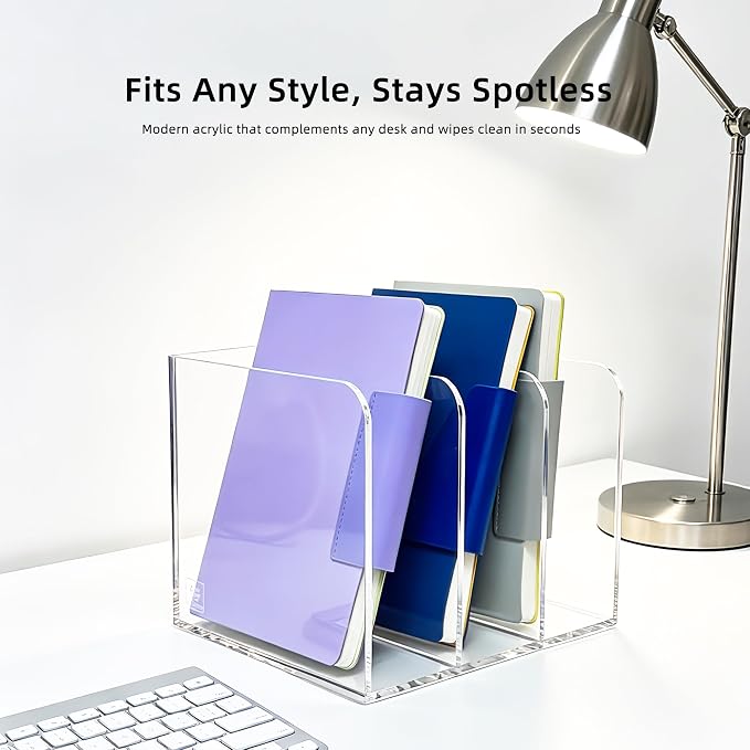 Clear Acrylic 3-Slot Magazine File Holder, Vertical Desk Organizer | 3 extra-wide compartments hold magazines, files, books, tablets. 5mm thick clear acrylic, non-slip base. No assembly. - Image 9