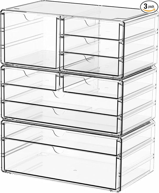 3Pack Clear Drawer Organizers Stackable,Acrylic Storage Drawers With 10 Drawers,Multipurpose Office Supply Organizer and Makeup Organizer for Beauty,Craft,Pen,Medical,Stationary Desk Organizers by Yieach