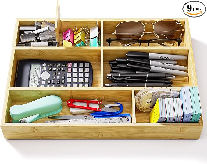 Bamboo Drawer Organizer with 9 Adjustable Compartments, Desk Storage Tray | Natural Bamboo, Flexible Modular Trays, Water-Resistant, Adjustable, Excellent Organization, Easy to Clean, Non-Slip Design by VA1KENE