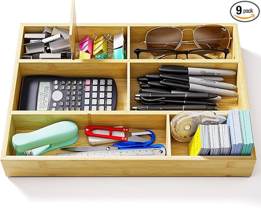 Bamboo Drawer Organizer with 9 Adjustable Compartments, Desk Storage Tray | Natural Bamboo, Flexible Modular Trays, Water-Resistant, Adjustable, Excellent Organization, Easy to Clean, Non-Slip Design by VA1KENE