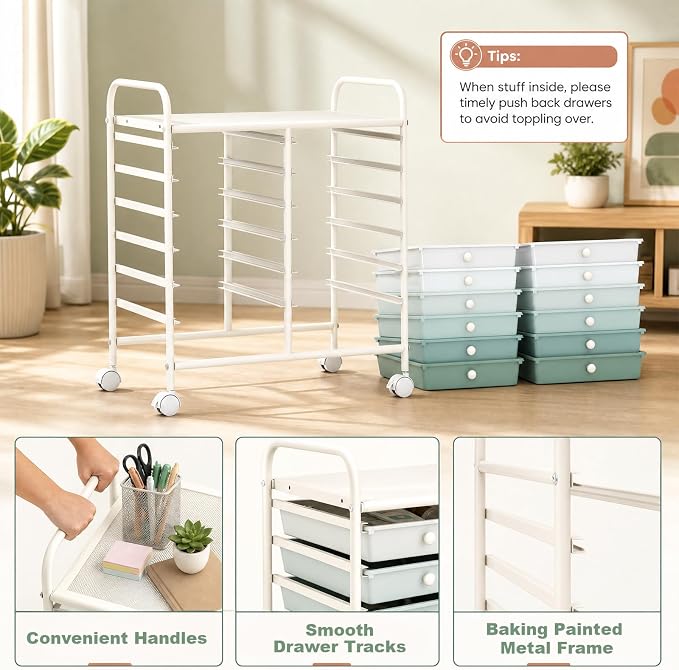 GOFLAME 12-Drawer Rolling Storage Cart, Art Craft Organizer Cart, Mobile Utility Storage Cart with Removable Drawers & Lockable Wheels, Craft Cart for Home Office School, Green Gradient - Image 6