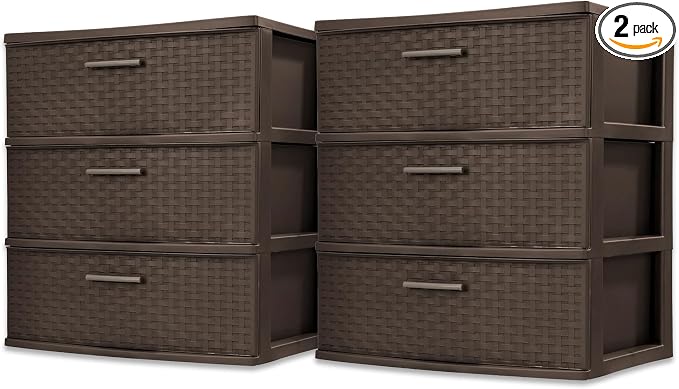 Sterilite Wide 3 Drawer Storage Organizer Tower, Weave - Espresso, 2 Pack | Organizing Plastic Drawers and Containers for Home, Office, Desk, Clothes, Dresser, Kitchen, and Pantry by Sterilite