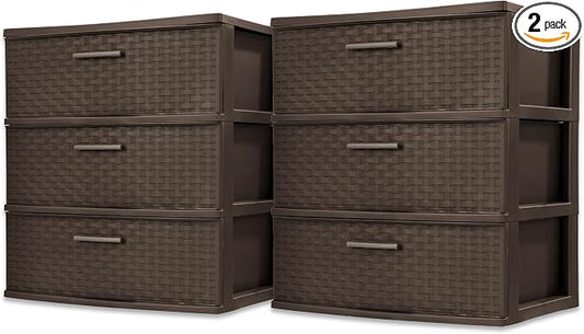 Sterilite Wide 3 Drawer Storage Organizer Tower, Weave - Espresso, 2 Pack | Organizing Plastic Drawers and Containers for Home, Office, Desk, Clothes, Dresser, Kitchen, and Pantry by Sterilite