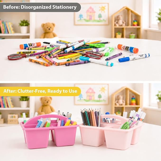6 Pack Assorted Colors Classrooms Caddy 4 Compartment Classroom Caddy Compartment Caddies Set Table Caddies Classrooms with Handle for Classroom Organization Table Desk Office Supplies(Pink Purple) - Image 4