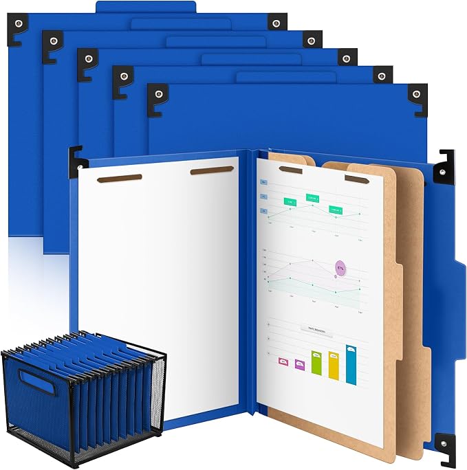 Henoyso 10 Pcs Hanging Classification Folders Bulk with 2 Prongs, 2 Divider Letter Size, 3 Inch Expansions Pressboard File Folder, 1/3-cut Tab File Organizer (2 Dividers, Dark Blue) by Henoyso