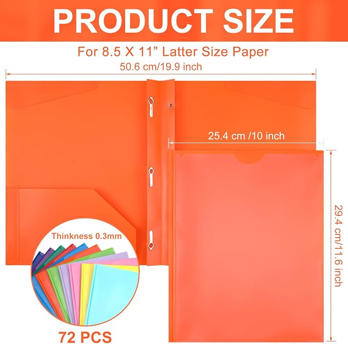 Cholemy 72 Pcs Plastic Folders with Clear Front Pocket Bulk Pocket Folders with Prongs Fasteners Letter Size School Folders Heavy Duty Pocket Folder with Card Slot for School Office(Assorted Colors) - Image 2
