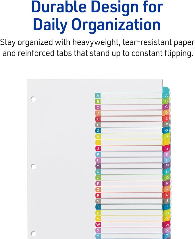 Avery A-Z Dividers for 3 Ring Binders, 26 Tabs per Set, Customizable Table of Contents, Multicolor Arched Tabs, Great for Organizing Reports, Projects, and More (12 Sets of 11844) - Image 6