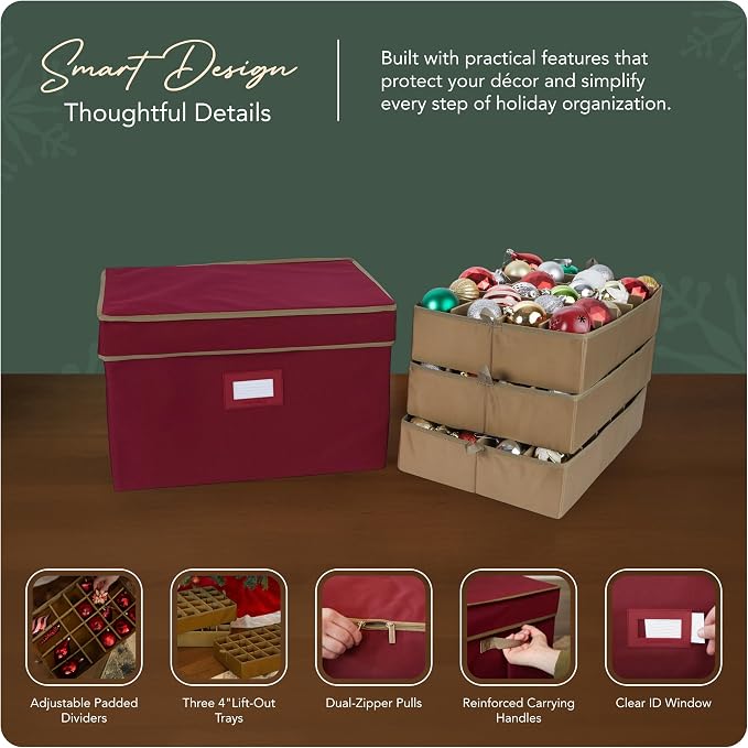 Covermates Keepsakes Adjustable Ornament Storage Box – Heavy-Duty Polyester, Padded Dividers & FlexGrid Trays – Protective Holiday Organizer with Stackable Walls & Label Window, Red - Image 4