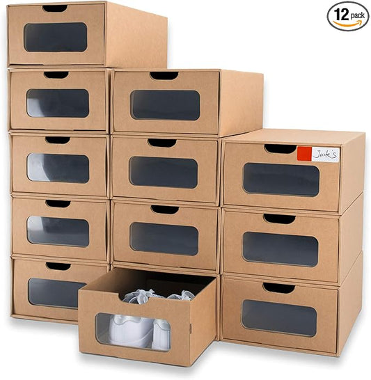 Shoe Box 12 Pack,13.2 x 8.3 x 5.1in Waterproof Storage Boxes, Socks, Stationery, Toys, Underwear,Heavy Duty,Stack-able Cardboard Boxes,with Marking Labels,Transparent Window by WALLQMER
