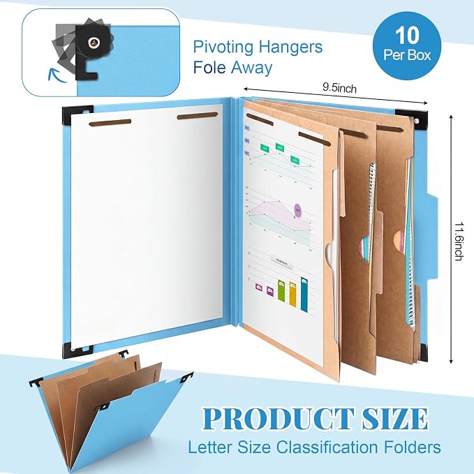 Henoyso 10 Pcs Hanging Classification Folders,3 Pocket Dividers,Light Blue | Letter Size, Hanging File Folders with 3 Pockets, 4" Expansion, 8 Prong Fasteners, 1/3 Tab Cut, 8 Sections, Pressboard Manila - Image 2
