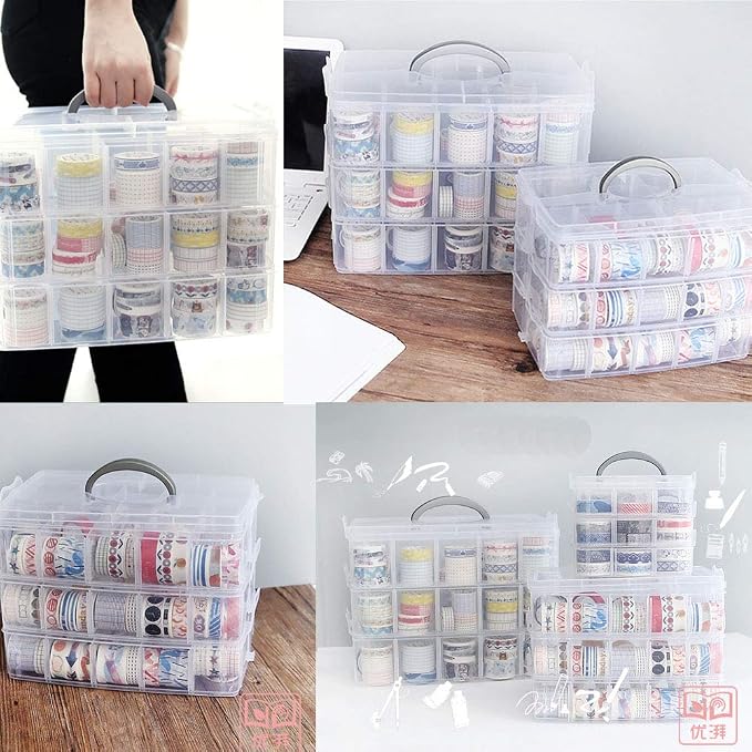 HomDSim Washi Tape Box Organizer Storage,Divider Closet Container,with 18 Adjustable Compartments,Clear,Masking Tape Desktop Tape DIY Sticker Roll Tape Cutter Holder Storage,Finger Safty Dispenser - Image 2