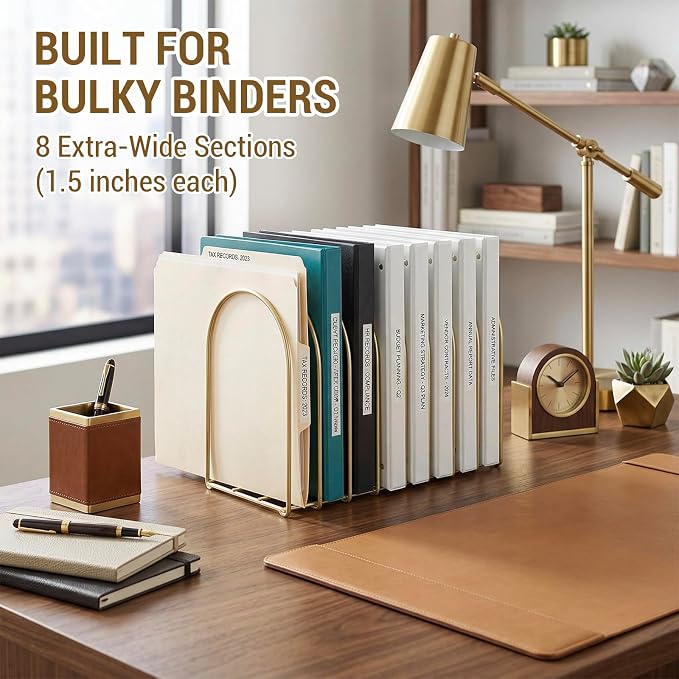 MyGift Brass Metal Wire File Desk Organizer Binder Holder with 8 Wide Slots | Vintage Arch Design Document Sorter Paperwork Files Workspace Organization Desktop Storage Solution Office School Business - Image 2