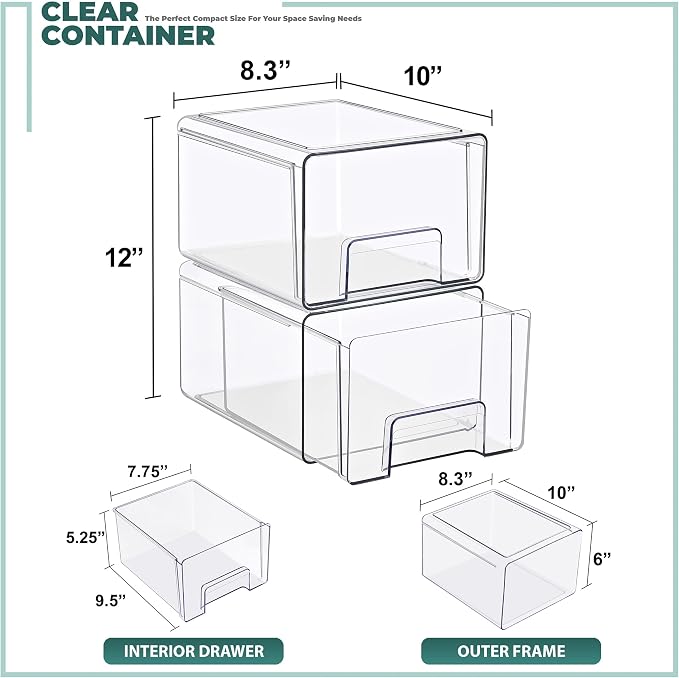 Sorbus Large Clear Stackable Storage Drawers – 2-Pack Plastic Organizer Bins with Handles – Pull-Out Stackable Drawers for Bathroom Closet, Medicine, Cabinet, Pantry Storage, Baby Bottle Organizer - Image 3