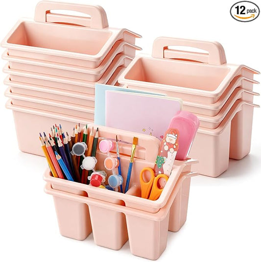 WILLBOND 12 Pcs Classroom Storage Caddies Stackable Utility Caddies with 4 Compartment Plastic Caddy with Handle Portable Storage Bins Organizers for Kids Schools Art Craft Supplies(Pink) by Willbond+Technology+Limited