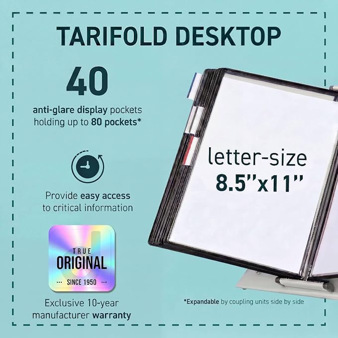 Tarifold Desktop Reference Display System, 40 Pockets, Expandable, Black | 40 Double-Sided PVC Pockets, Holds 80 Letter-Size Sheets, Sturdy Metal Base, Quick-Find Indexing, Quick and Easy to Assemble - Image 2