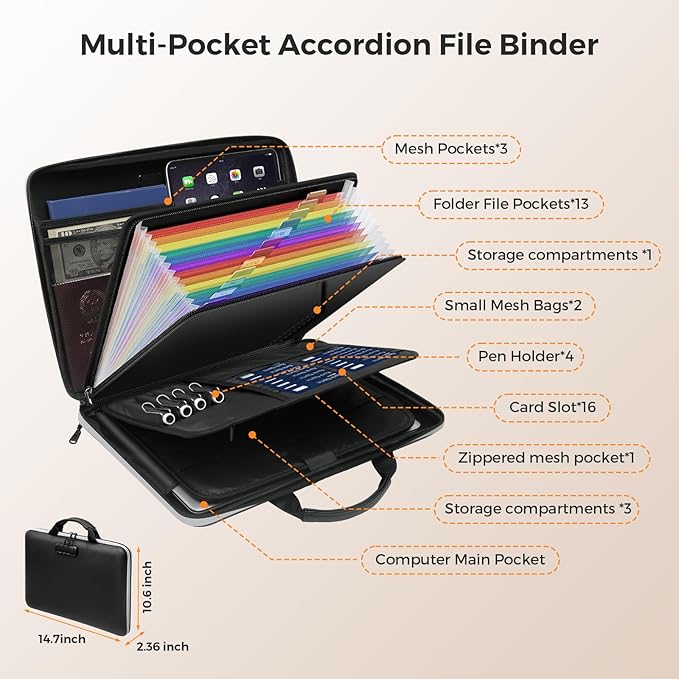 Fireproof Document Box,Hard Case Fireproof File Organizer with Lock 13 Pocket Accordion File Folder Reflective Zipper Portable Safe Box for Home Office Travel to Storage Important Documents Laptop - Image 3