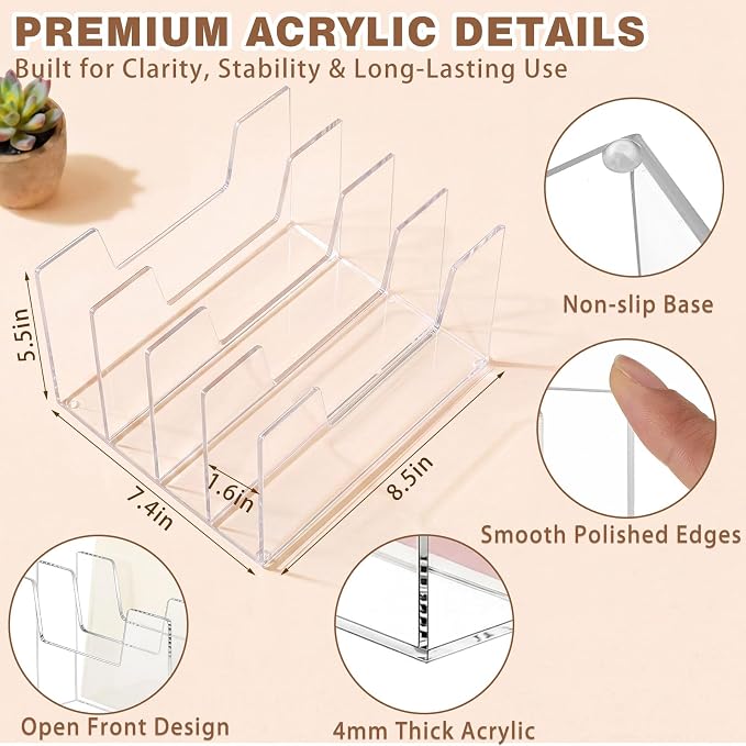 4 Section Clear Acrylic Desktop File Organizer Vertical File Sorter 4mm Thick, Large Capacity Upright Magazine Organizer, Book Paper, Notebooks, Envelopes, Mail Holder - Image 2