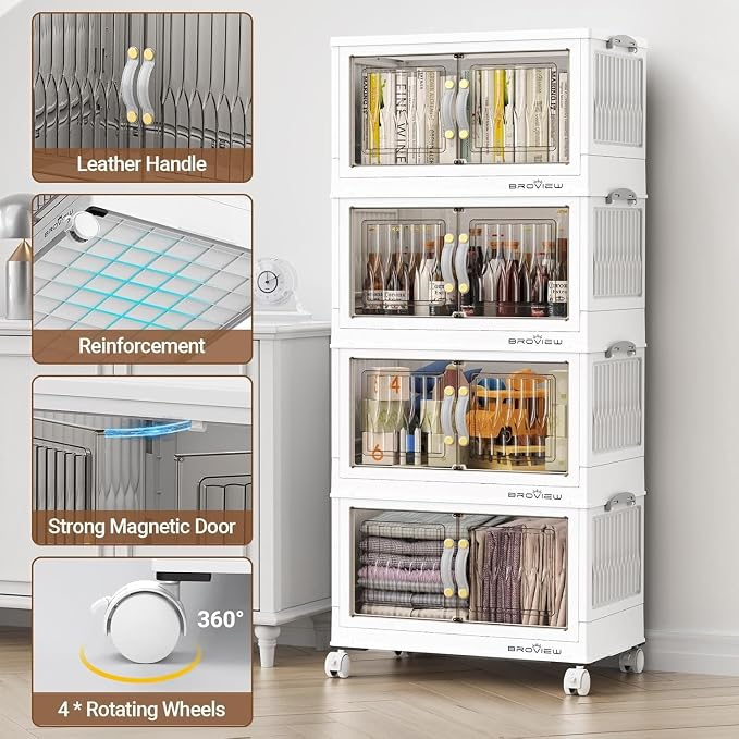 BROVIEW 180Qt Stackable Storage Bins with Lid, Extra Large Closet Organizer Collapsible Drawer Boxes with Wheels, Folding Plastic Cabinet Containers for Home Kitchen Room Organization, 4Pack White - Image 3