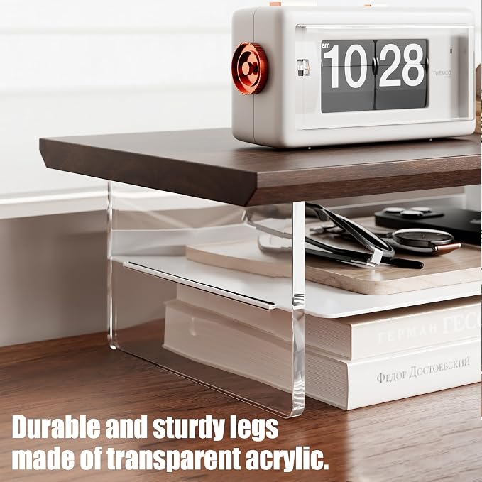 FENSULN Dual‑Tier Monitor Stand for Modern Desk Setup – Minimalist Wooden and Metal Riser Shelf with Transparent Acrylic Feet for Dual Monitors, Laptops, Home Office Aesthetic，Brown and White - Image 4